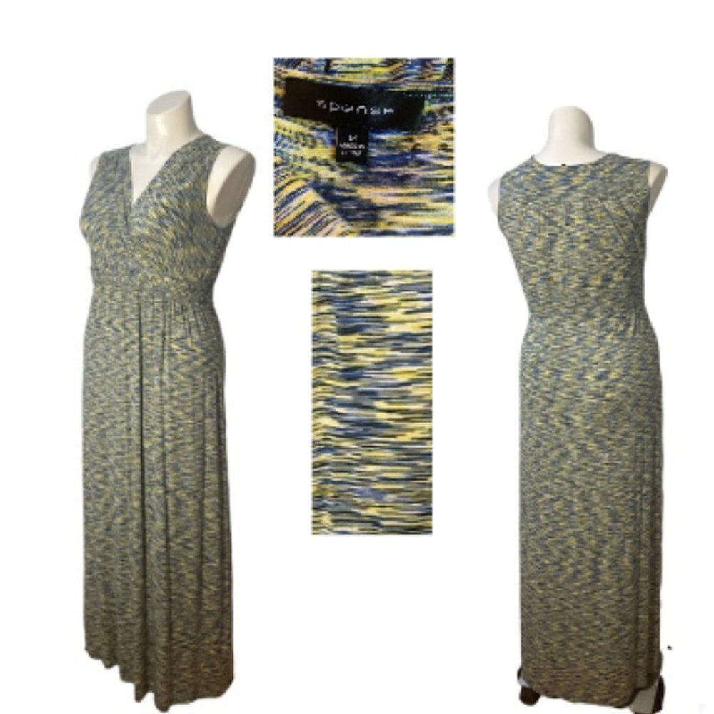 Spense | Space Dye Blue and Green Slinky Knit Faux Wrap Braided Waist Maxi